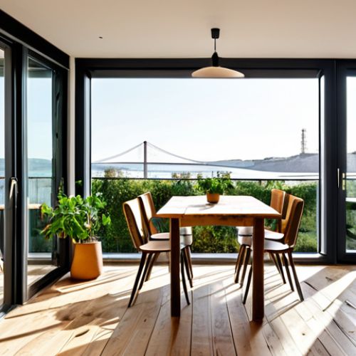 **

"A modern, eco-friendly apartment interior in Lisbon, Portugal. Focus on sustainable materials like cork flooring, reclaimed wood furniture, and natural textiles. Large windows overlooking the Tagus River.  Potted plants add a touch of greenery.  Warm, inviting atmosphere. Fully clothed individuals are enjoying a meal made with locally sourced ingredients. Safe for work. Appropriate content. Modest decor. Perfect anatomy. Natural proportions. Professional photography. High quality."

**