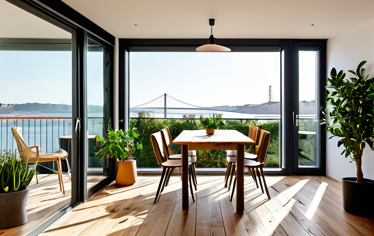 **

"A modern, eco-friendly apartment interior in Lisbon, Portugal. Focus on sustainable materials like cork flooring, reclaimed wood furniture, and natural textiles. Large windows overlooking the Tagus River.  Potted plants add a touch of greenery.  Warm, inviting atmosphere. Fully clothed individuals are enjoying a meal made with locally sourced ingredients. Safe for work. Appropriate content. Modest decor. Perfect anatomy. Natural proportions. Professional photography. High quality."

**