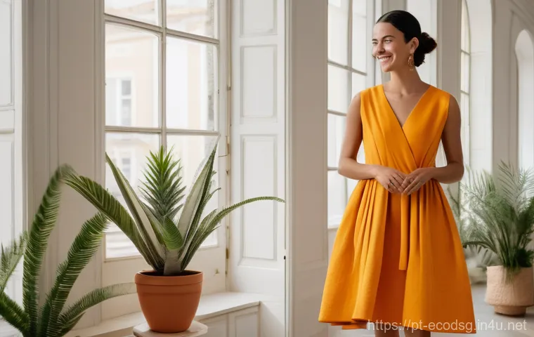 에코디자인 업무 사례 분석 - A contemporary Portuguese designer showcases a stunning, high-fashion dress made from innovative pin...