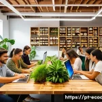 에코디자인 스타트업 창업 - A modern eco-friendly startup office in S&atilde;o Paulo, Brazil, featuring young professionals collaborati...