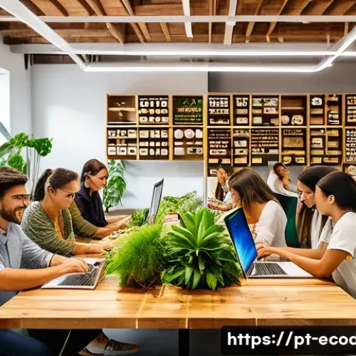 에코디자인 스타트업 창업 - A modern eco-friendly startup office in S&atilde;o Paulo, Brazil, featuring young professionals collaborati...