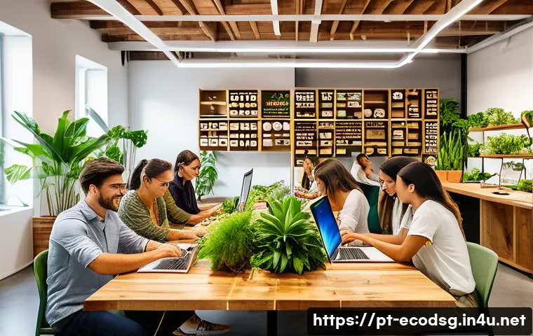 에코디자인 스타트업 창업 - A modern eco-friendly startup office in São Paulo, Brazil, featuring young professionals collaborati...