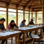 에코디자인 학술 논문 리뷰 - A modern sustainable design workshop scene in Brazil, featuring diverse artisans collaborating on ha...