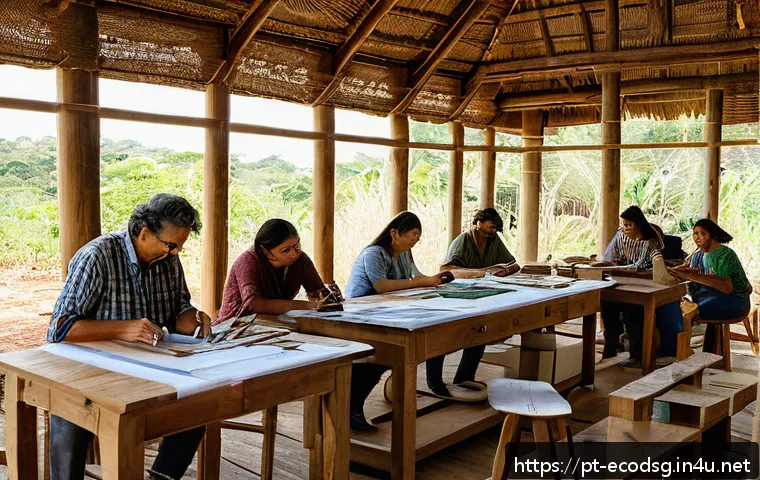 에코디자인 학술 논문 리뷰 - A modern sustainable design workshop scene in Brazil, featuring diverse artisans collaborating on ha...