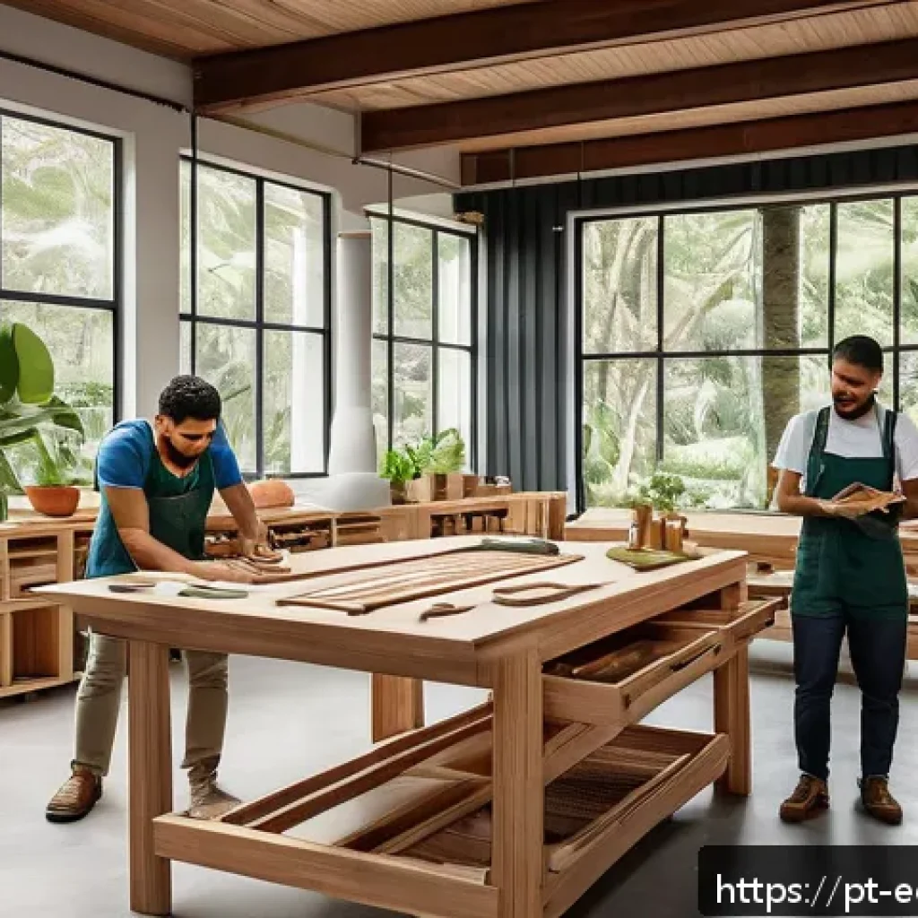 에코디자인과 지속 가능성 지표 - A modern Brazilian furniture workshop showcasing artisans crafting eco-friendly furniture using FSC-...