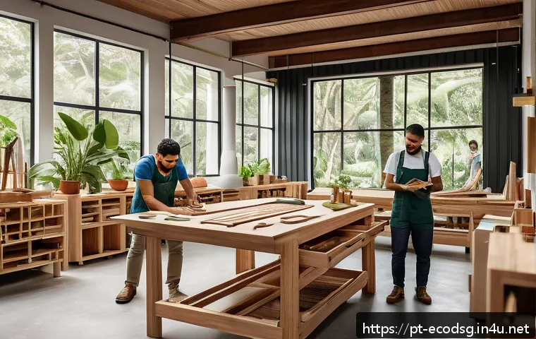 에코디자인과 지속 가능성 지표 - A modern Brazilian furniture workshop showcasing artisans crafting eco-friendly furniture using FSC-...